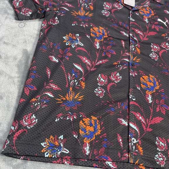 Puma Shirt Mens Large Paradise Golf Active Relaxed Fit Mesh Button Floral Black - Picture 3 of 7